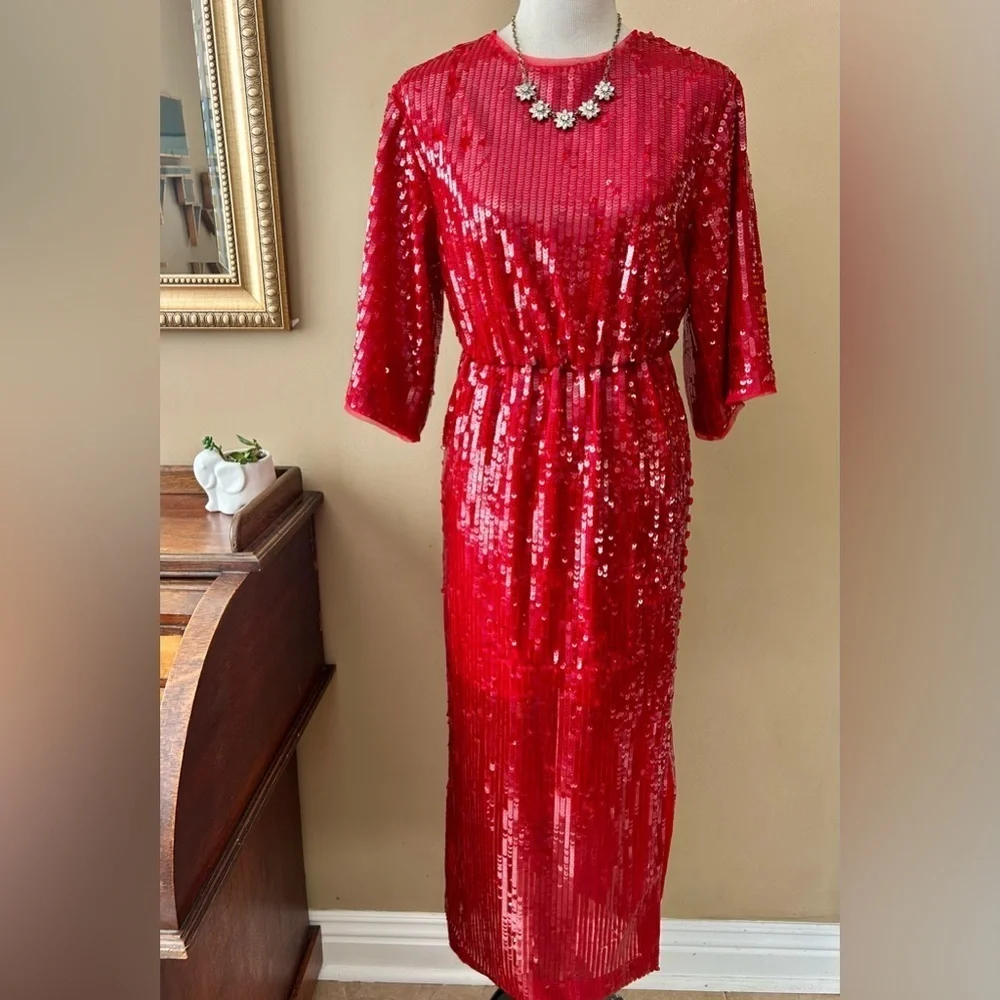 J. Crew Red Sequin V-back Dress Kimono Sleeve Size 6